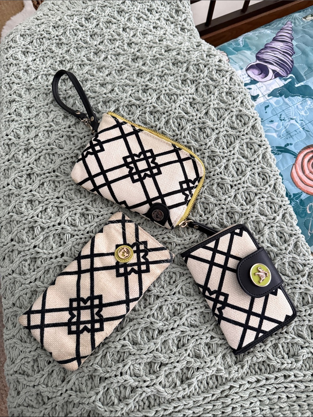 Spartina 449 Black & Cream Geometric 3-Piece Wristlet, Zip Pouch & Card Case Set